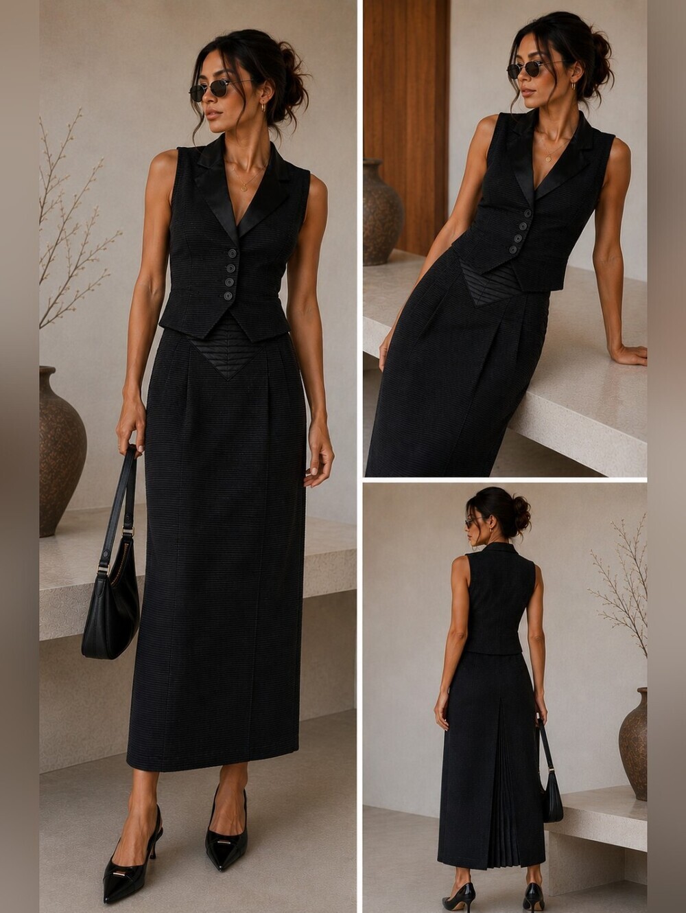 Vintage! Simon Chang | Matching Set, Tailored Vest & Pleated Midi Skirt, Size 8 - Picture 1 of 15